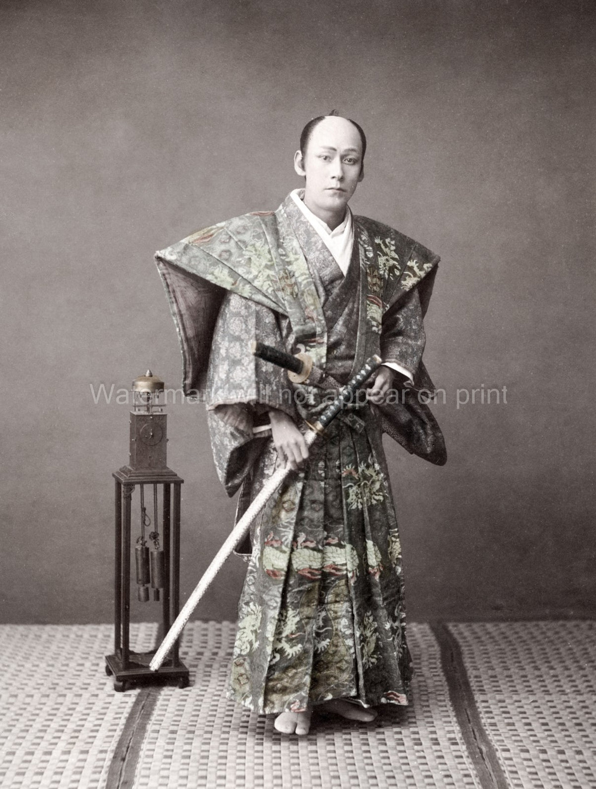 Japan Samurai Actor Elaborate Robes Katana Sword Clock Vtg. Photo 19thC.