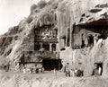 India Rock Cut Caves Ellora Temple Facade Carvings People Vtg. Photo 19thC.