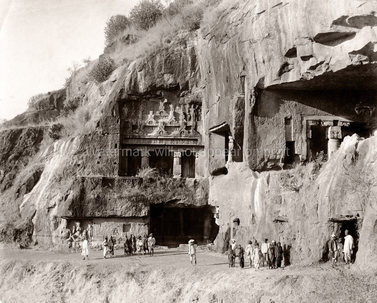 India Rock Cut Caves Ellora Temple Facade Carvings People Vtg. Photo 19thC.