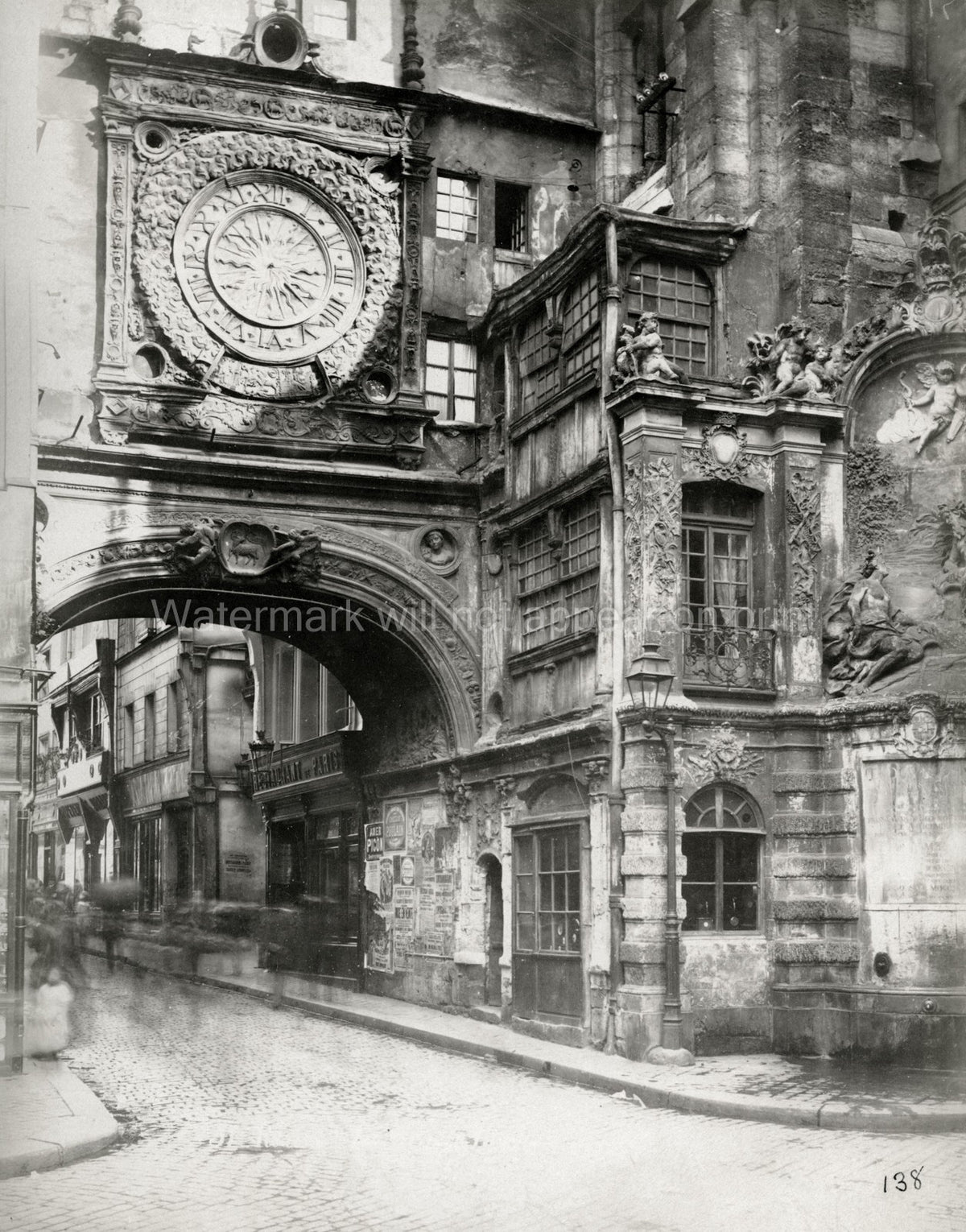 Rouen France Great Clock Gros-Horloge Archway Street Scene Vtg. Photo 19thC.