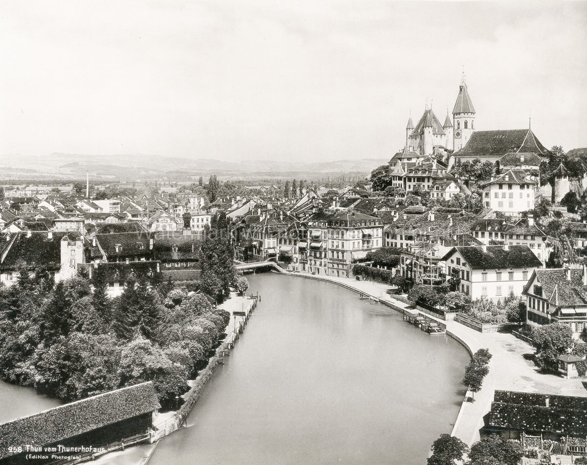 Thun Switzerland Cityscape River Aare Castle Church Scenic Vtg. Photo 19thC.