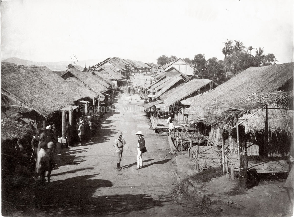 Burma Irrawaddy River Village Street Scene Huts Soldier Vtg. Photo 19thC.