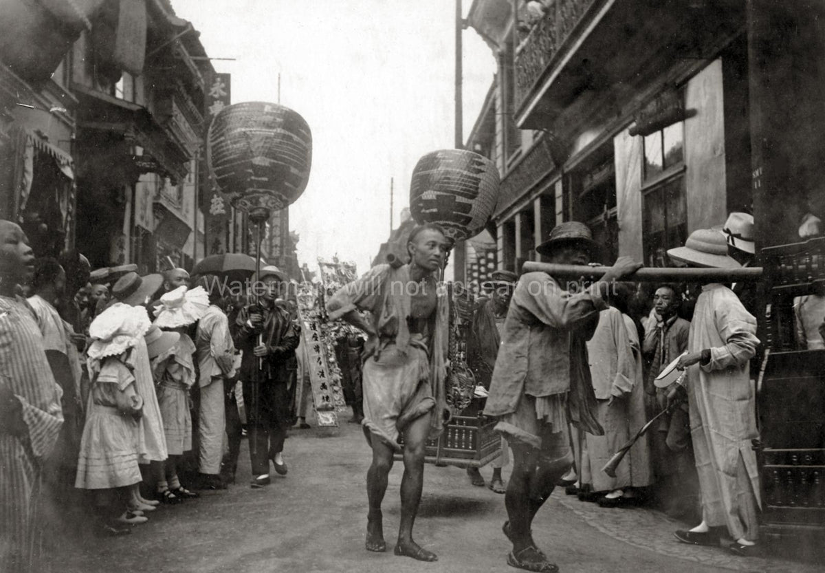 China Street Scene Festival Procession With Large Lanterns Vtg. Photo 20thC.