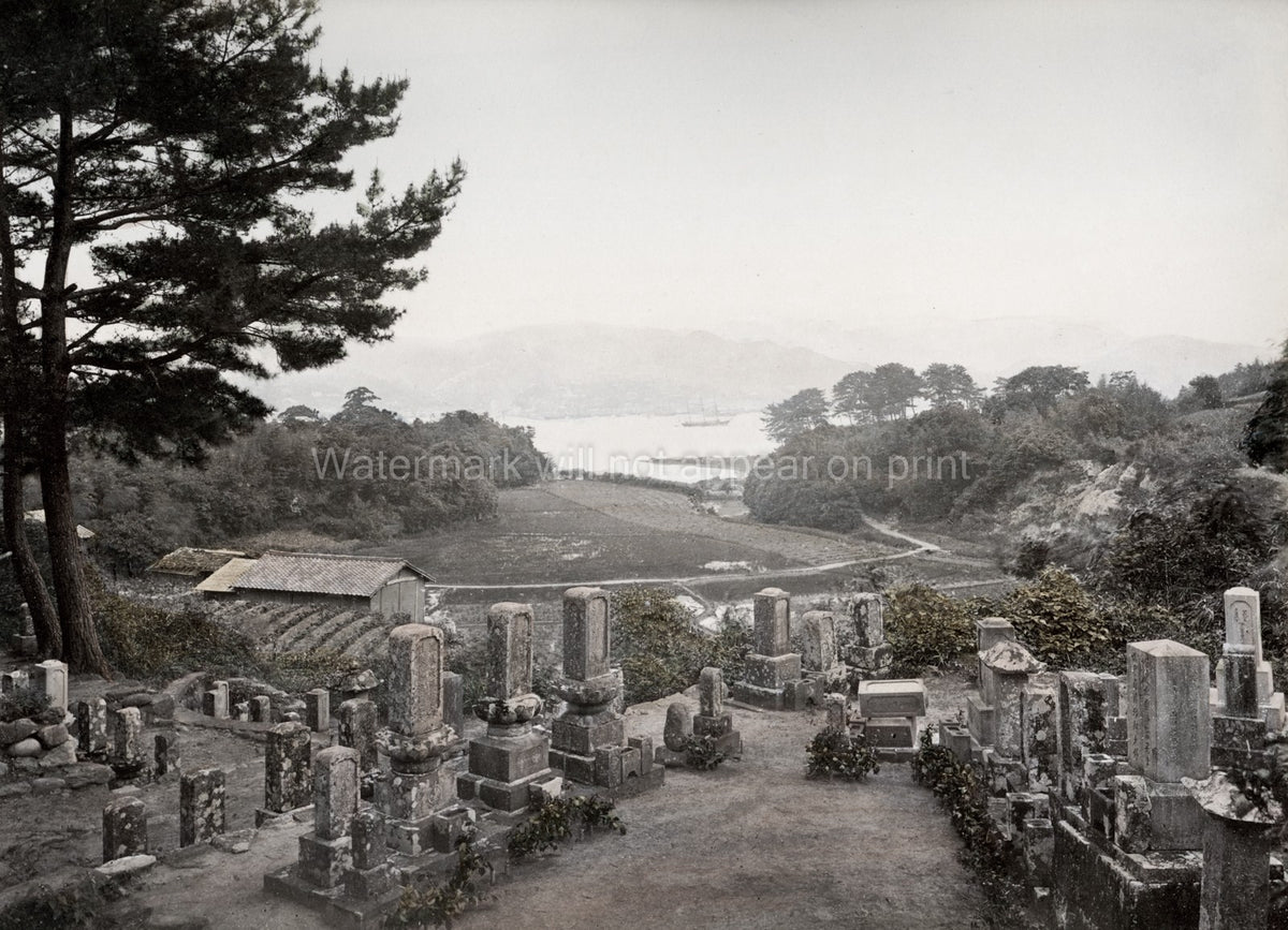Japan Cemetery Overlooking Harbor Ship Landscape Mountains Vtg. Photo 19thC.