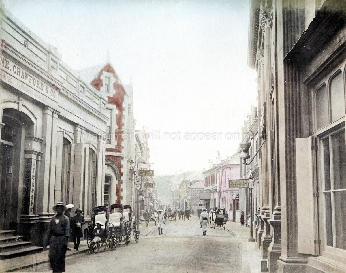 Yokohama Japan Foreign Settlement Street Scene Rickshaws Shops Vtg. Photo 19thC.