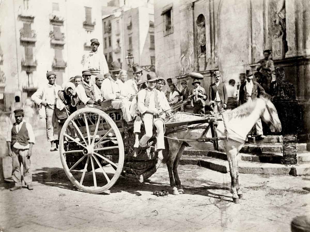 Southern Italy Horse Cart Hackney Men Street Scene Crowd Vtg. Photo 19thC.