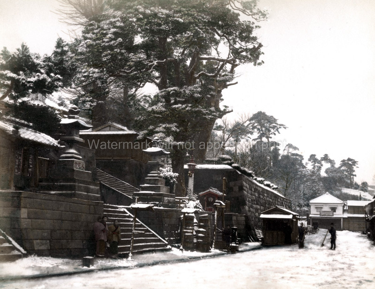 Tokyo Japan Winter Snow Scene Temple Shrine Lanterns People Vtg. Photo 19thC.