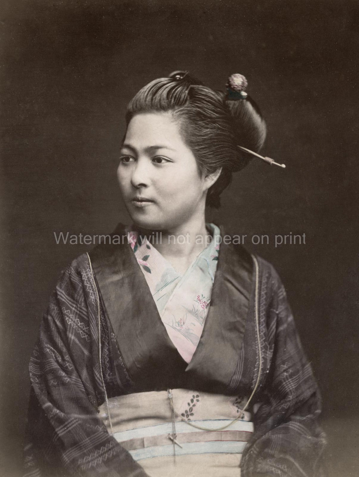 Japanese Woman Portrait Traditional Kimono Dress Hairstyle Vtg. Photo 19thC.