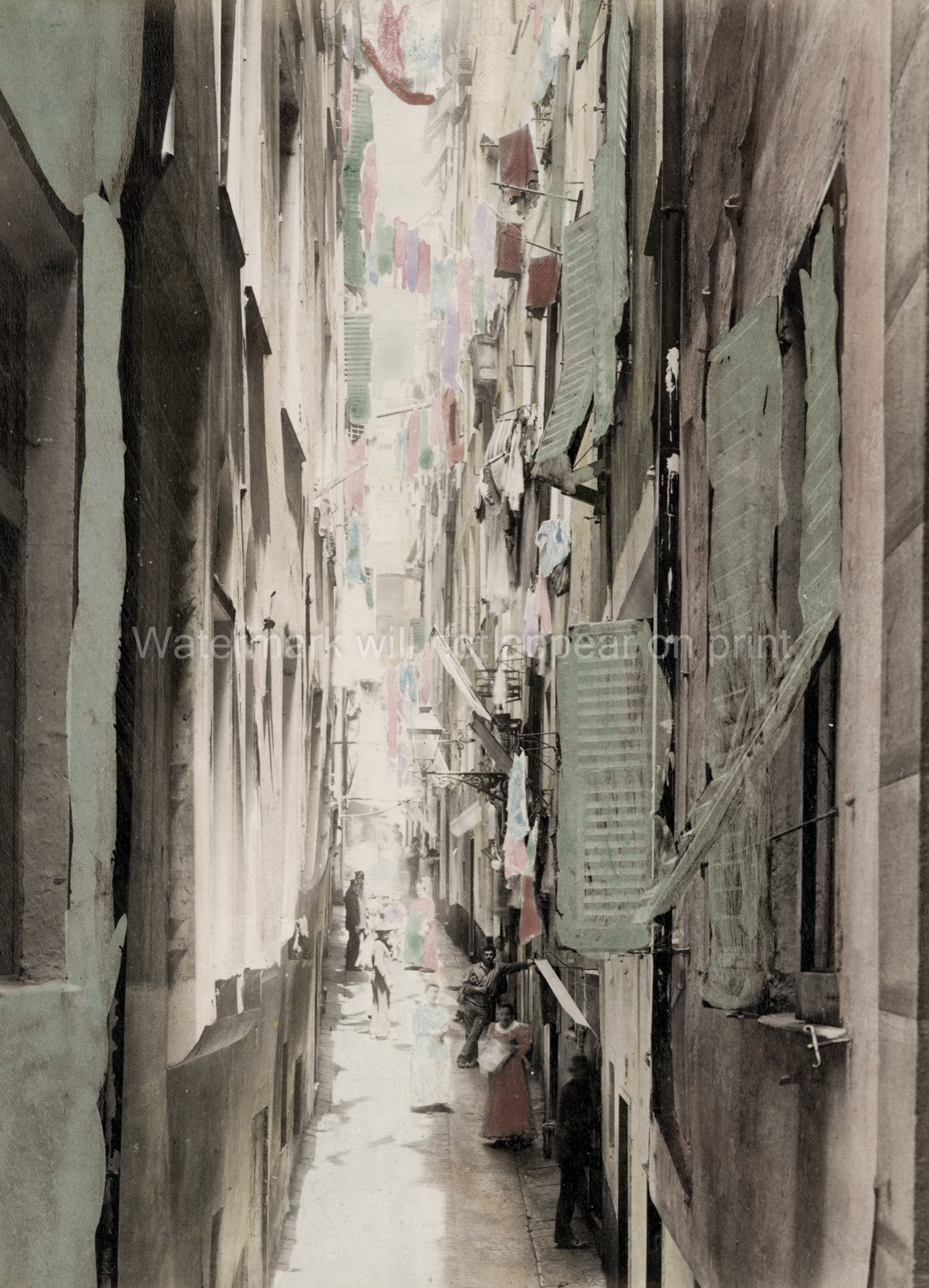 Italy Narrow Street Washing Laundry Hanging Alleyway City Life Vtg. Photo 19thC.