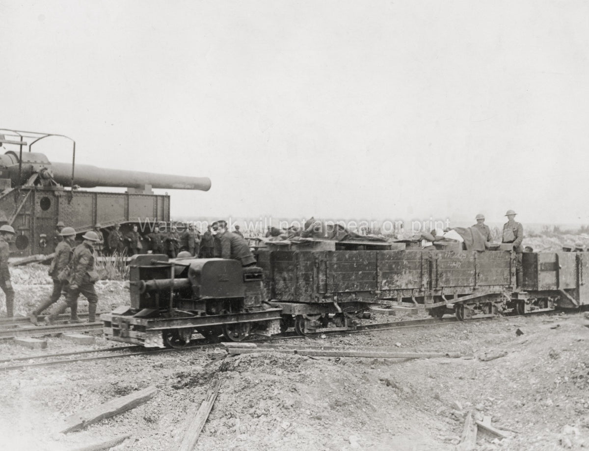 WW1 Light Railway Carrying British Wounded Soldiers Large Gun Vtg. Photo