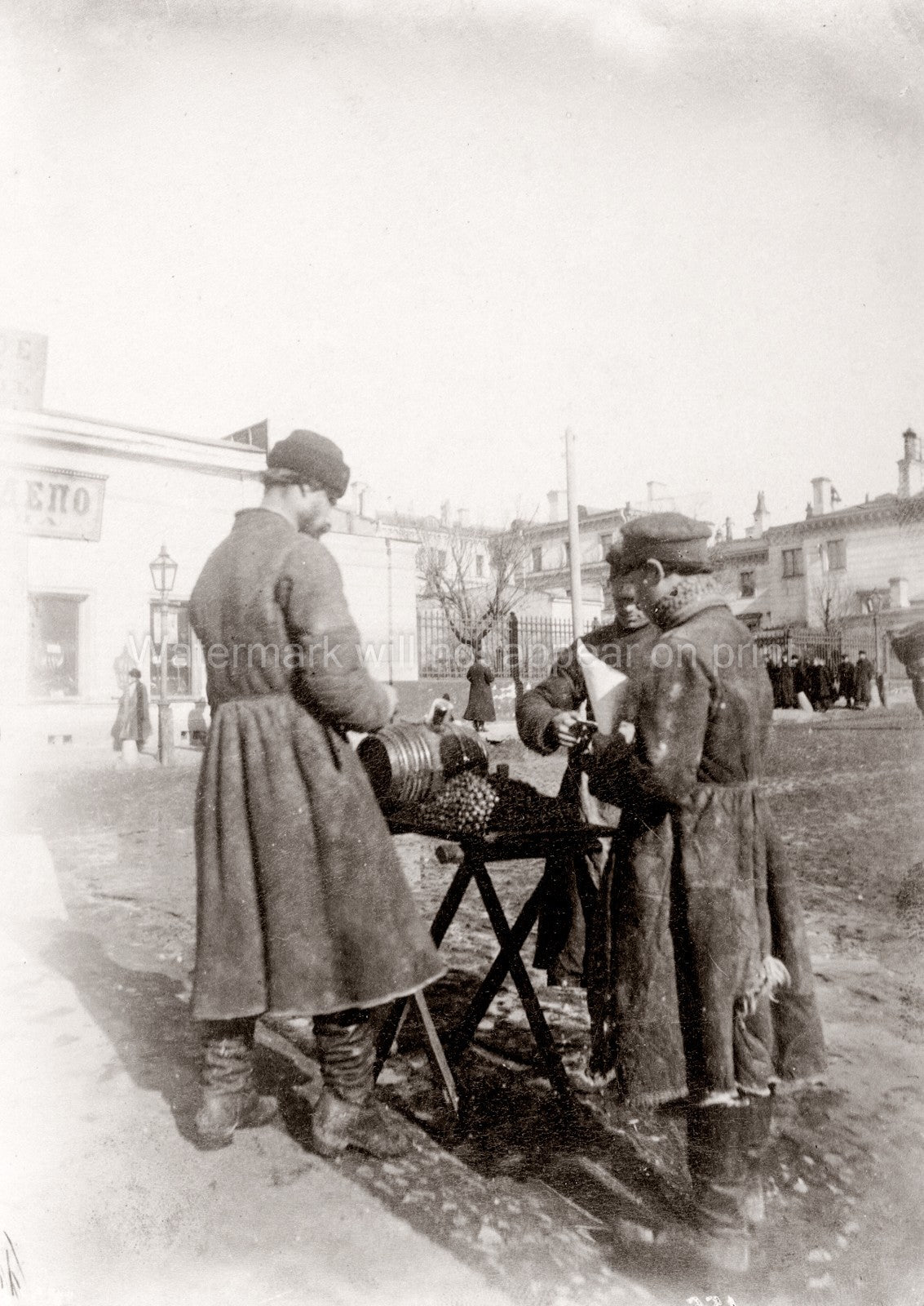 Russian Muzhik Peasant Vendor Street Food Stall Market Scene Vtg. Photo 19thC.