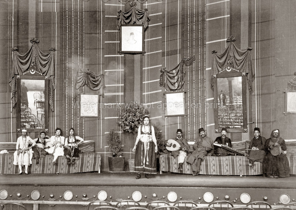 Cairo Arab Theatre Dancers Musicians Stage Performance Vtg. Photo 19thC.
