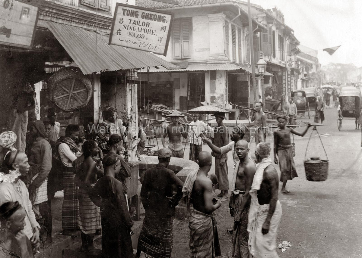Singapore Street Scene Tailors Shop Market Vendors Rickshaws Vtg. Photo 19thC.