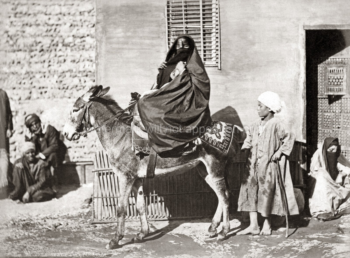 Egypt Veiled Woman Donkey Street Scene Turban Child Vtg. Photo 19thC.