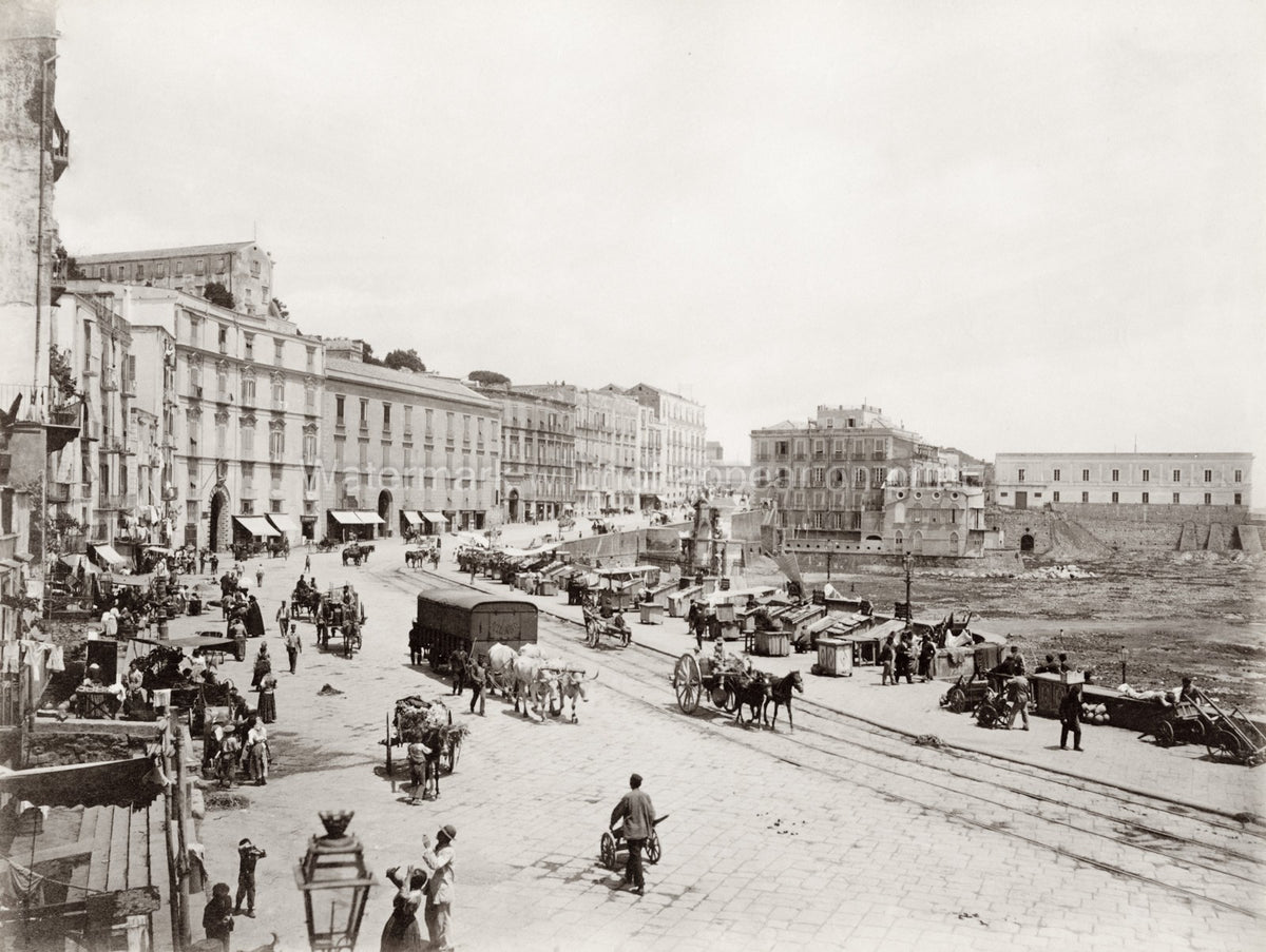 Naples Strada Santa Lucia Street Scene Harbor Carts People Vtg. Photo 19thC.