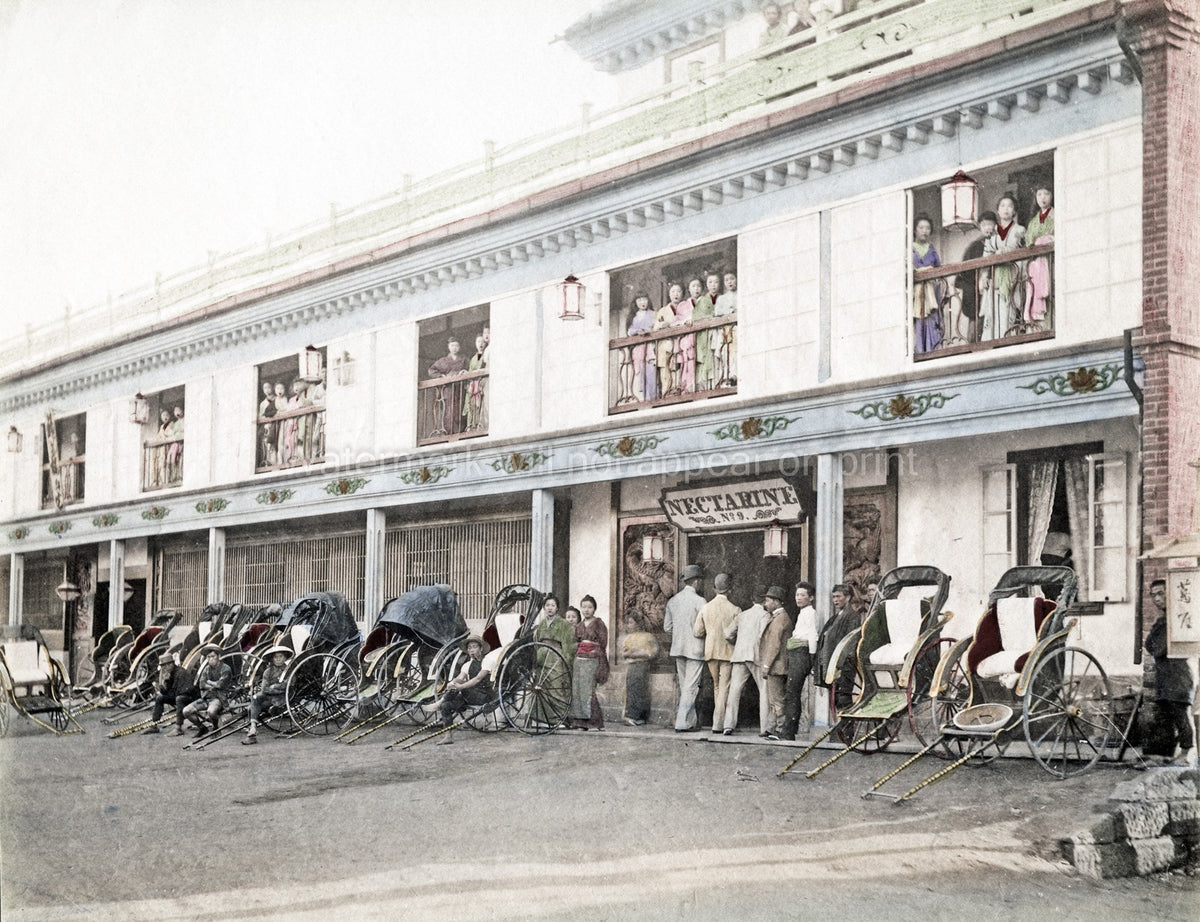 Yokohama Japan Nectarine Brothel 9 Rickshaws Courtesans Vtg. Photo 19thC.