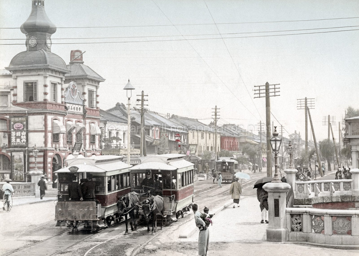 Tokyo Shinbashi Horse Drawn Trams Street Scene Cityscape Vtg. Photo 19thC.
