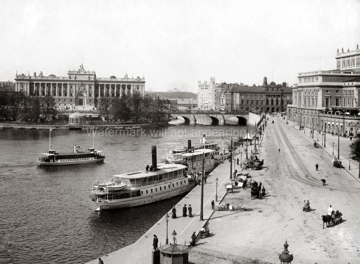 Stockholm Sweden Parliament Waterfront Boats Bridge Cityscape Vtg. Photo 19thC.