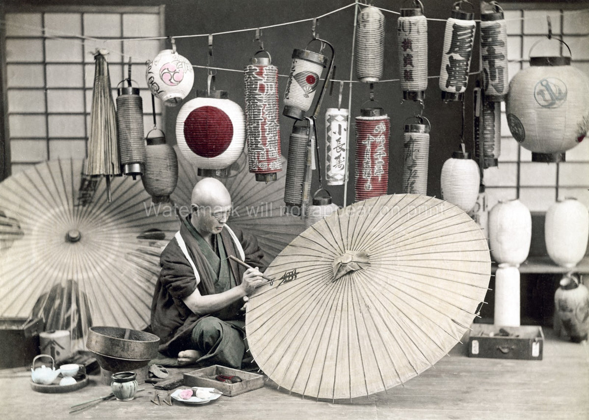 Japan Umbrella Maker Craftsman Artisan Lanterns Shop Vtg. Photo 19thC.