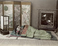Japan Geishas Sleeping Kimono Futon Byobu Screen Lantern Vtg. Photo Late 19thC.