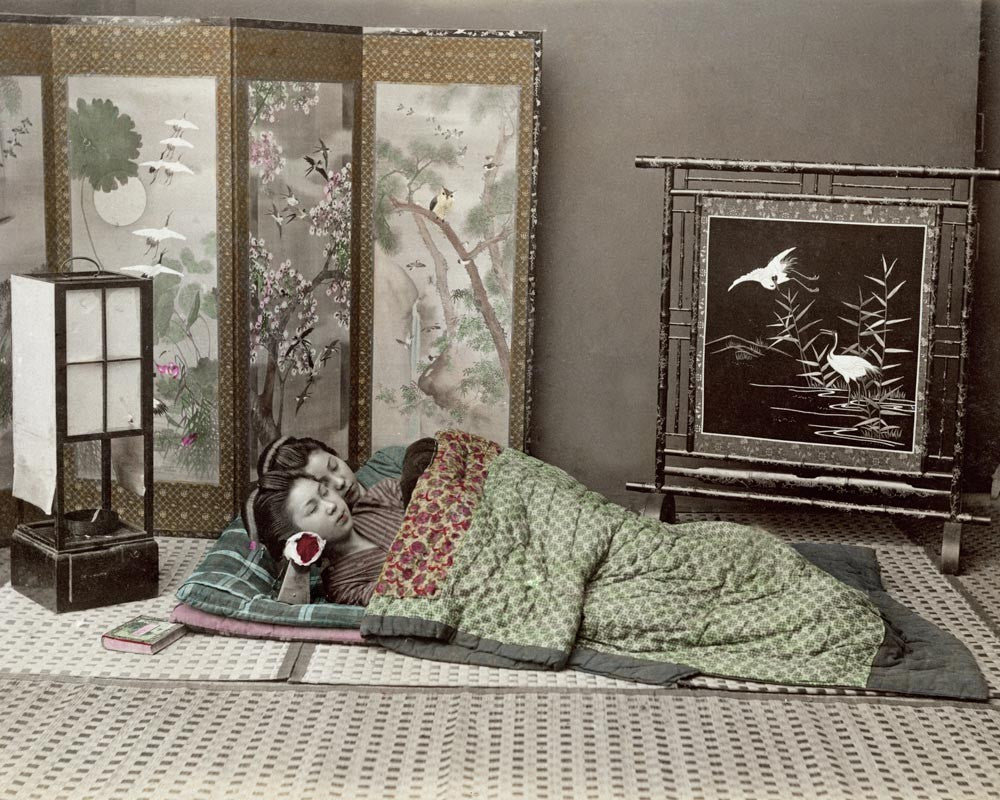 Japan Geishas Sleeping Kimono Futon Byobu Screen Lantern Vtg. Photo Late 19thC.