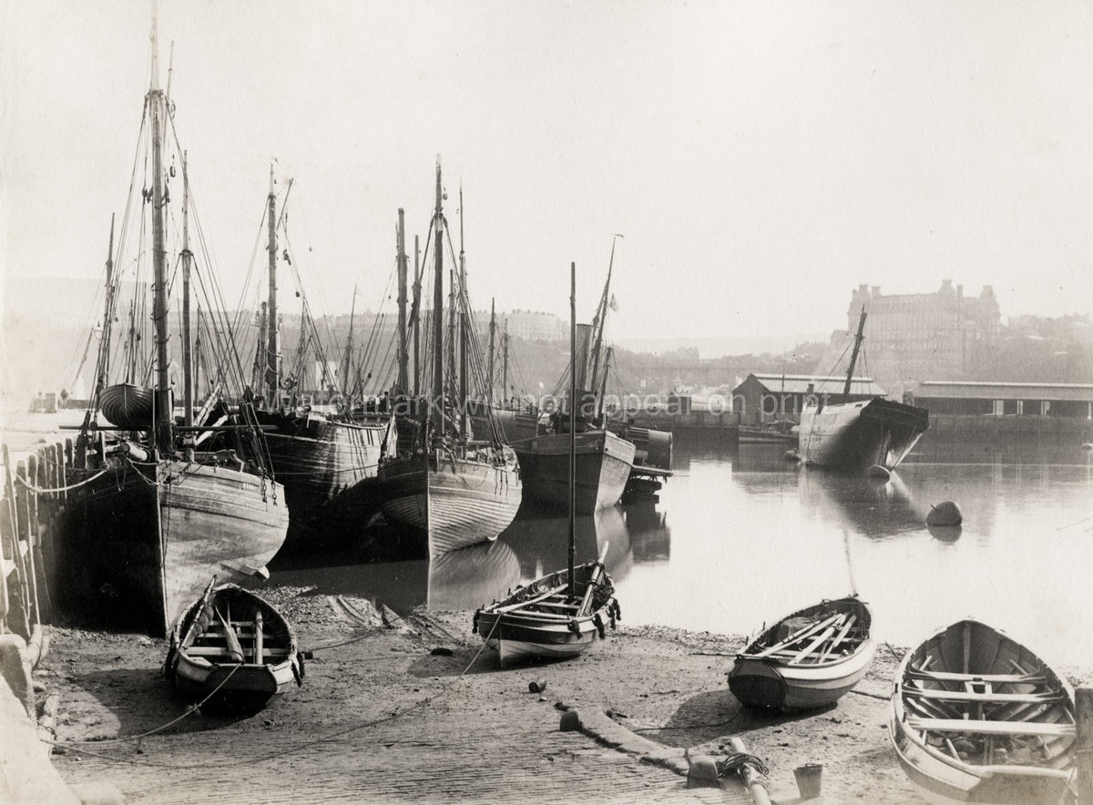 Scarborough Harbour Fishing Boats Masts Rigging Docks Seaside Vtg. Photo 19thC.