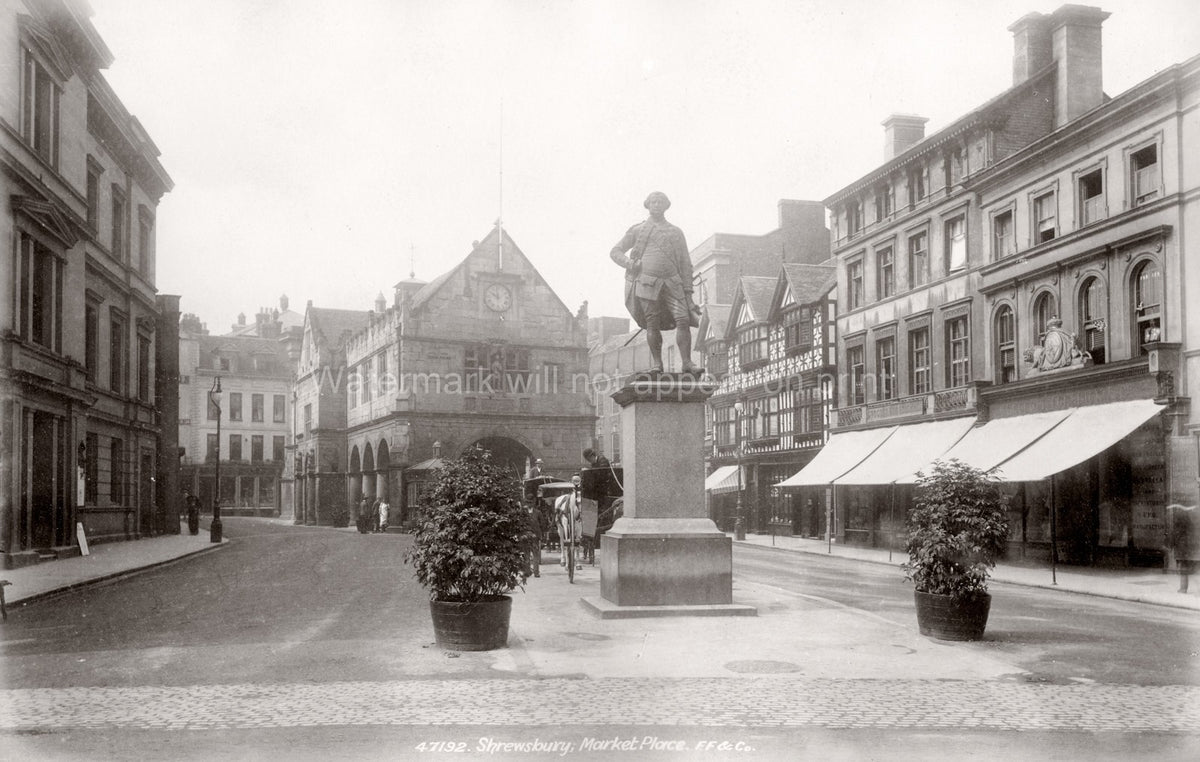 Shrewsbury Market Place Lord Clive Monument Tudor Buildings UK Vtg. Photo 19thC.
