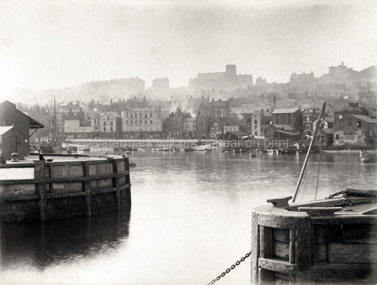 Scarborough Harbour Yorkshire Boats Waterfront Town Castle Vtg. Photo 19thC.
