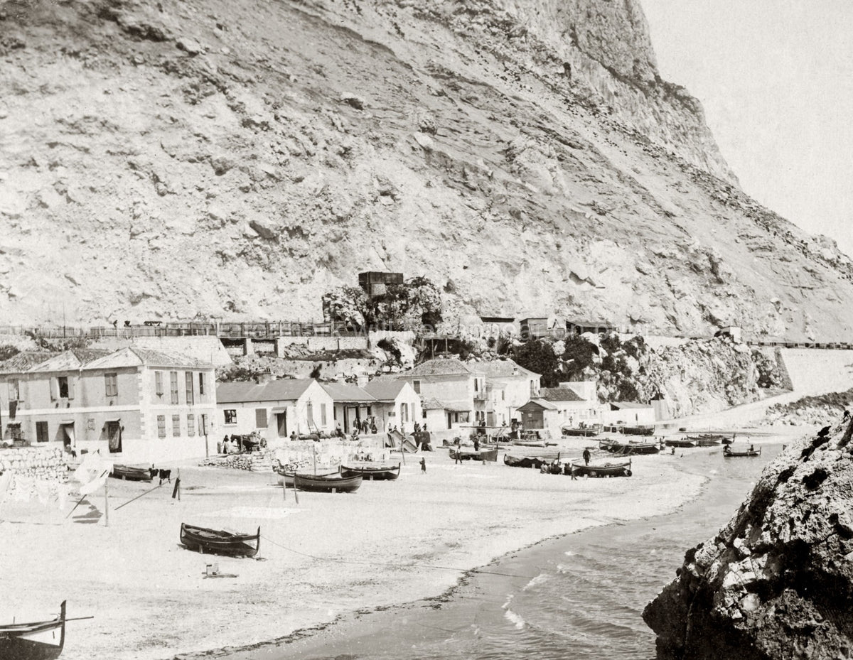 Catalan Bay Gibraltar Fishing Boats Village Beach Seascape Vtg. Photo 19thC.