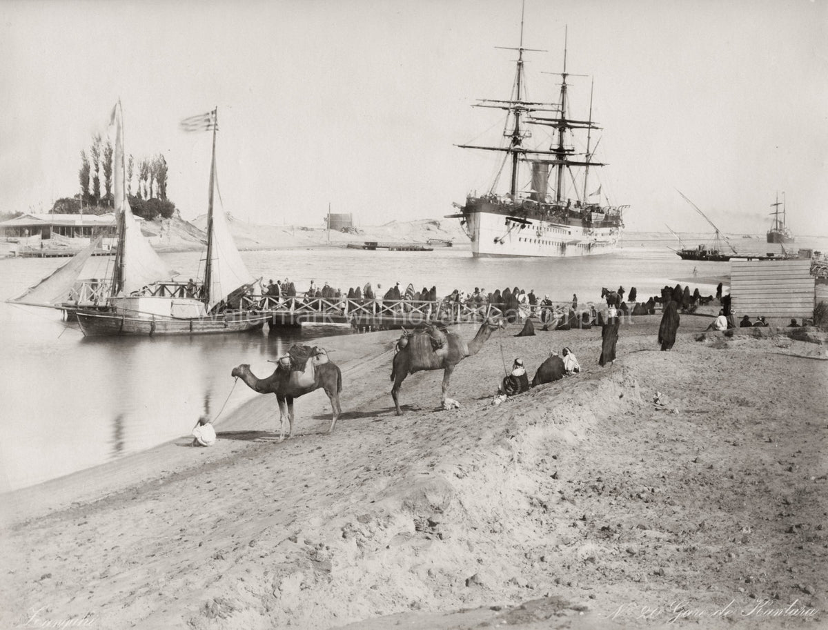 Suez Canal Egypt Ship Ferry Pier Waterfront Camels Vtg. Photo 19thC.