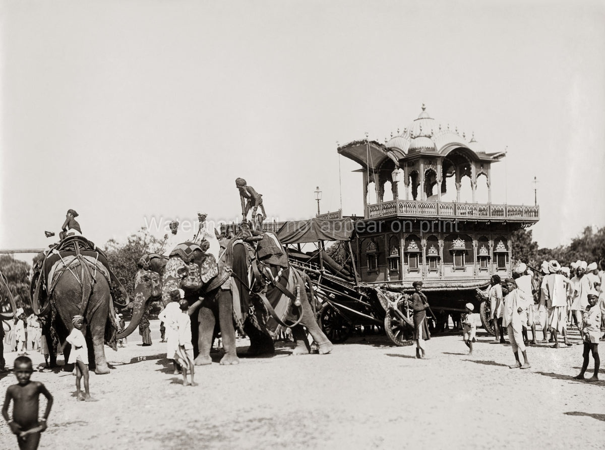 India Elephant Pulling Ornate Religious Festival Car Vtg. Photo 19thC.