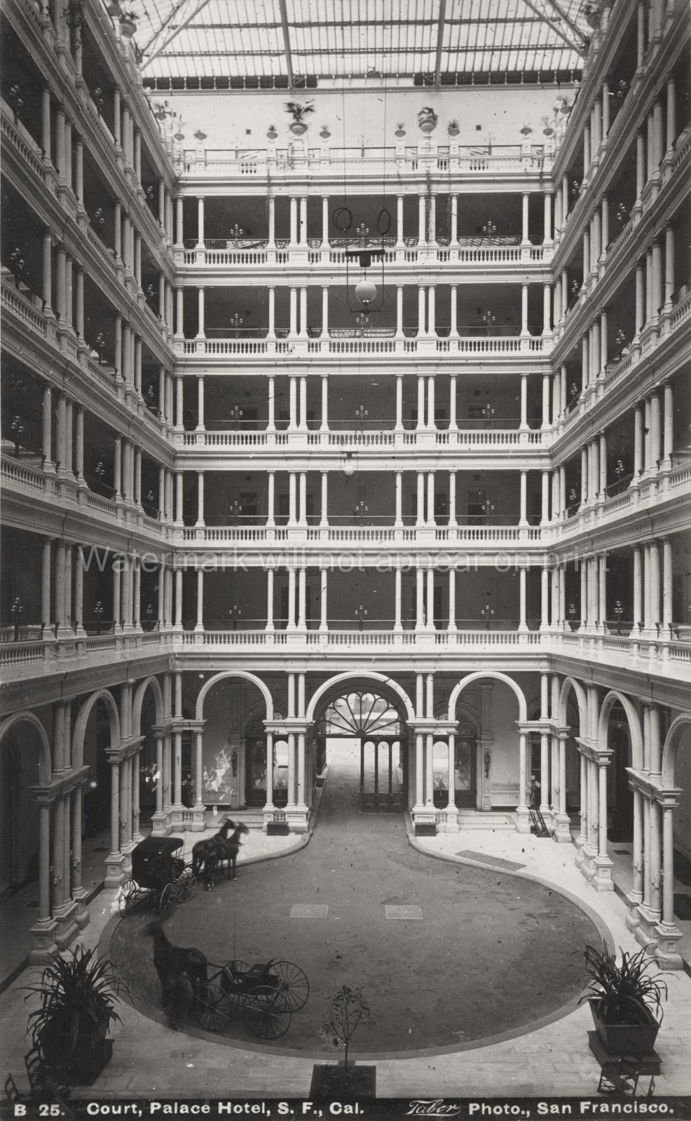 Palace Hotel San Francisco Interior Courtyard Carriages Horses Vtg. Photo 19thC.