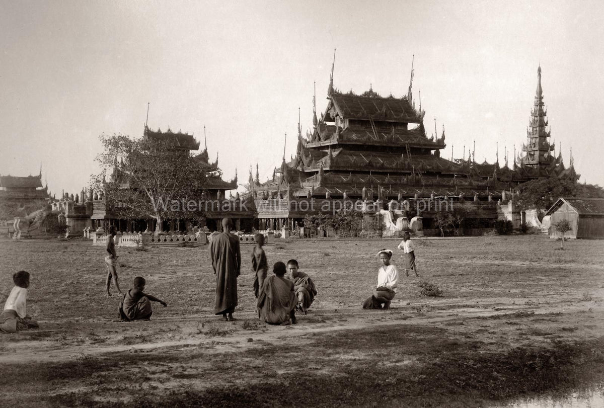 Rangoon Burma Monastery Wooden Temple Architecture Monks Vtg. Photo 19thC.