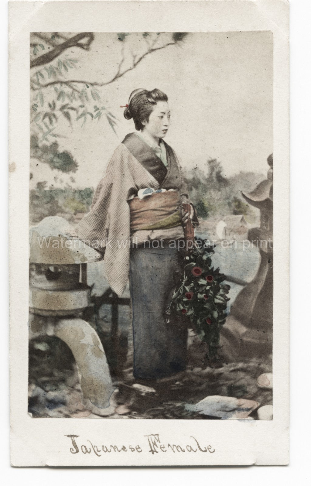 Japanese Woman Traditional Kimono Dress Outdoor Garden Lantern Vtg. Photo 19thC.