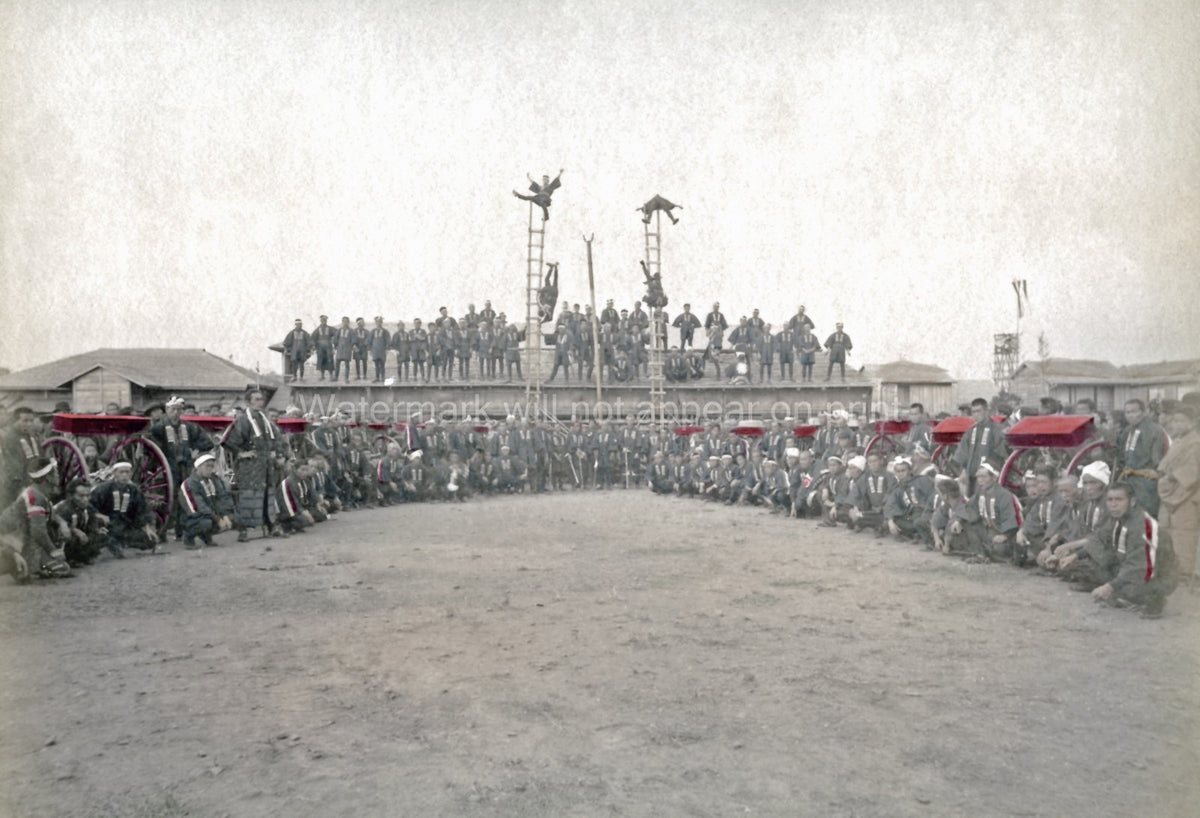 Japan Fire Brigade Firemen Acrobatic Display Ladders Group Vtg. Photo 19thC.