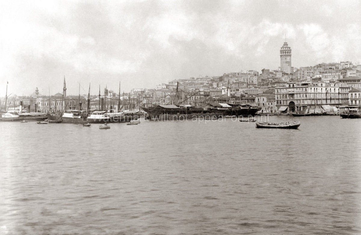 Galata Tower Constantinople Istanbul Turkey Harbor Ships Vtg. Photo 19thC.