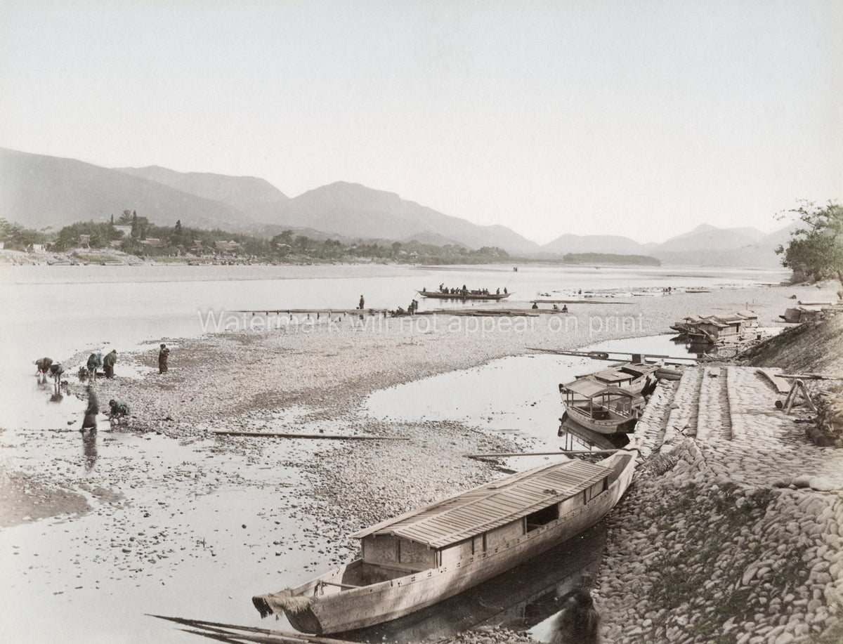 Central Japan Nagara River Gifu Boats Riverbank Landscape Vtg. Photo 19thC.