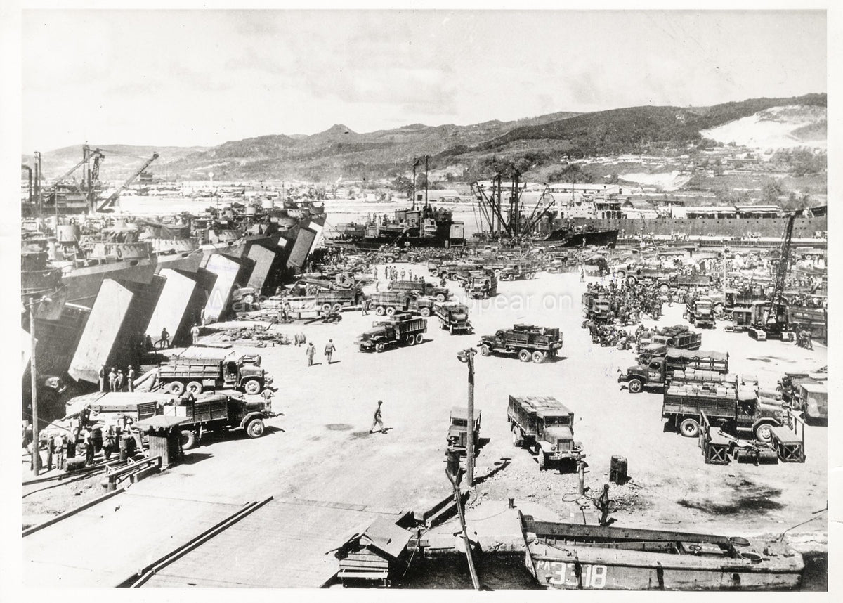 Irrawaddy River Railhead WWII Military Trucks Ships Harbor Vtg. Photo 20thC.