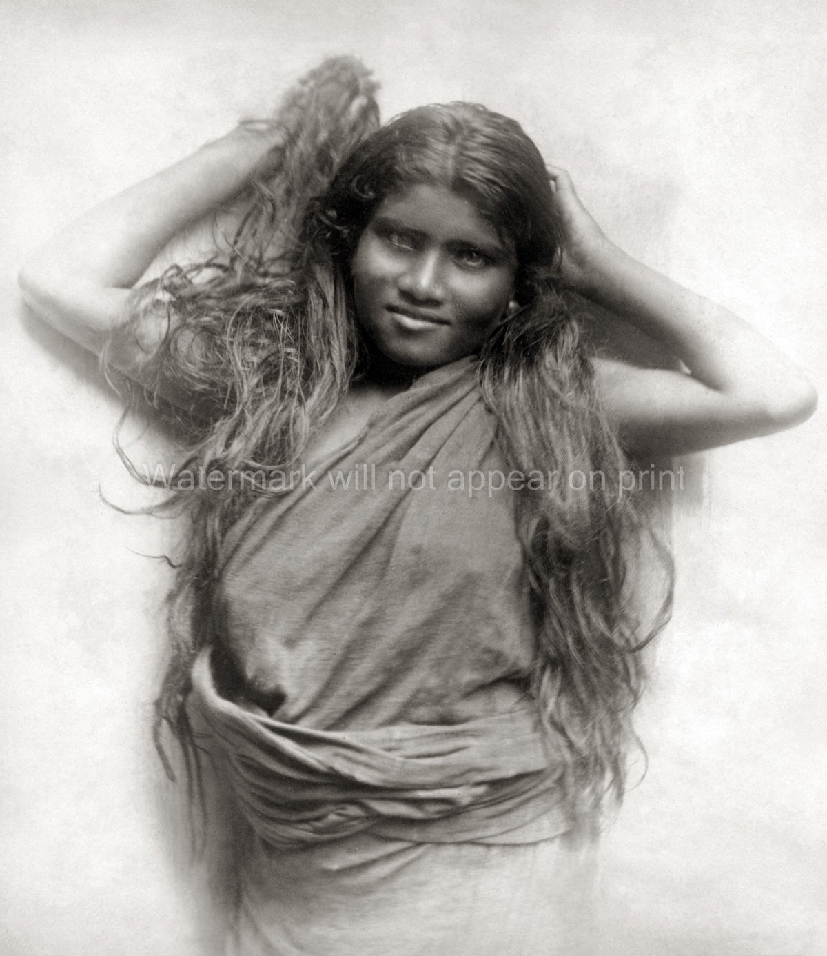 India Young Girl Long Hair Portrait Traditional Beauty Vtg. Photo 19thC.