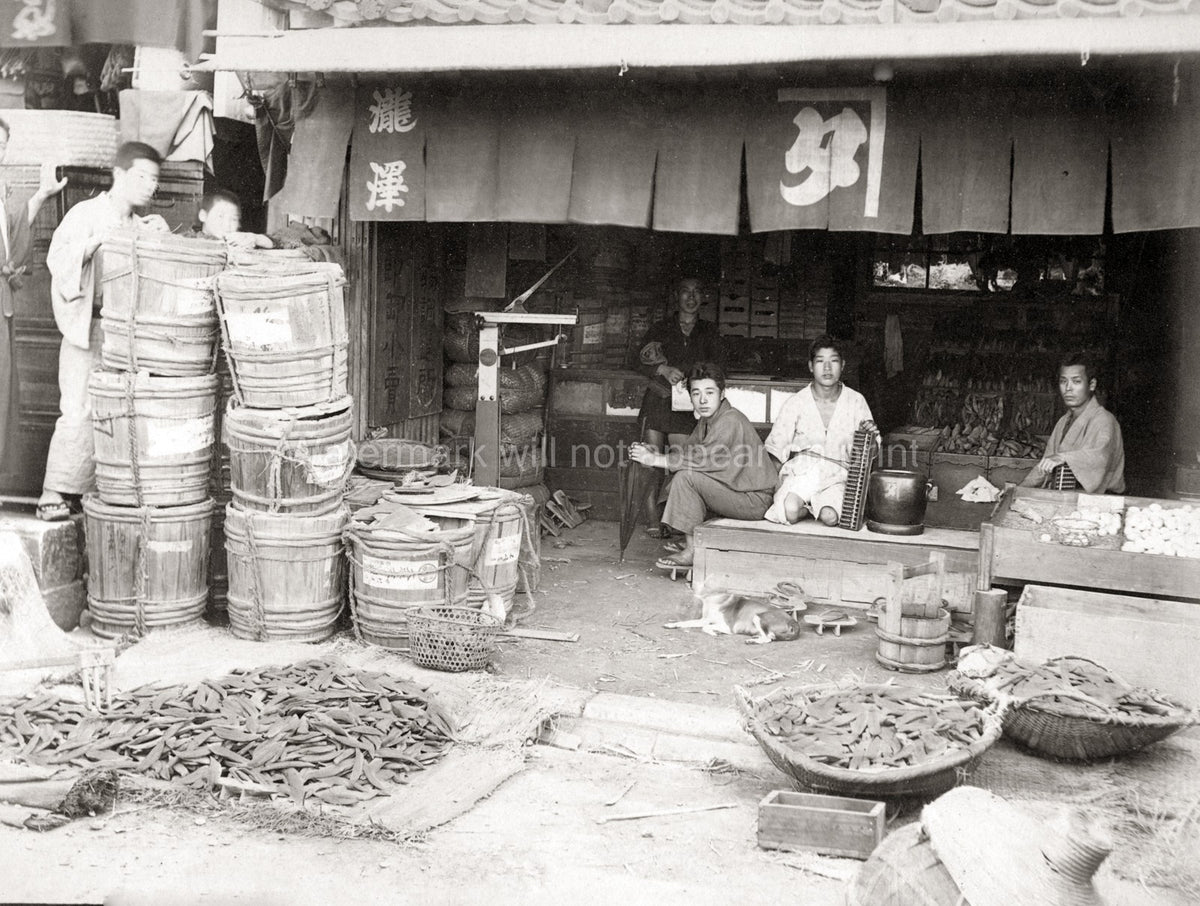 Japan Food Shop Market Merchants Barrels Abacus Storefront Vtg. Photo 19thC.