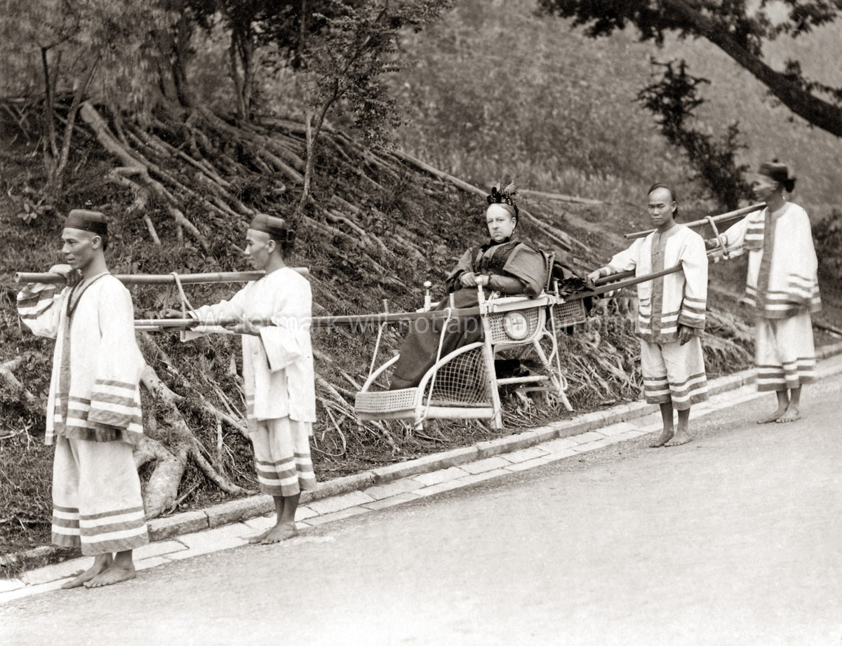 Hong Kong Woman Carrying Chair Porters Colonial Travel Vtg. Photo 20thC.