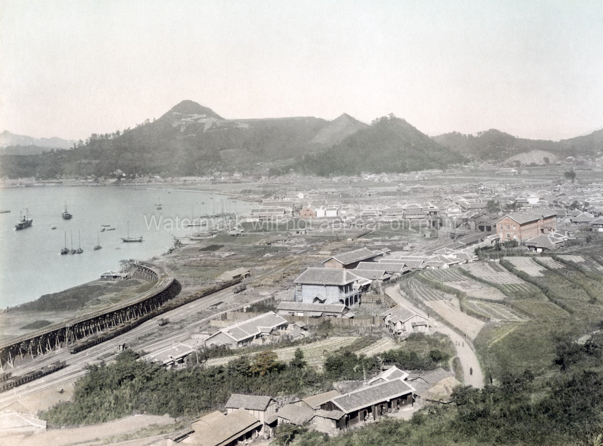 Moji Harbour Kitakysh Japan Coastal Town Railway Ships Vtg. Photo 19thC.