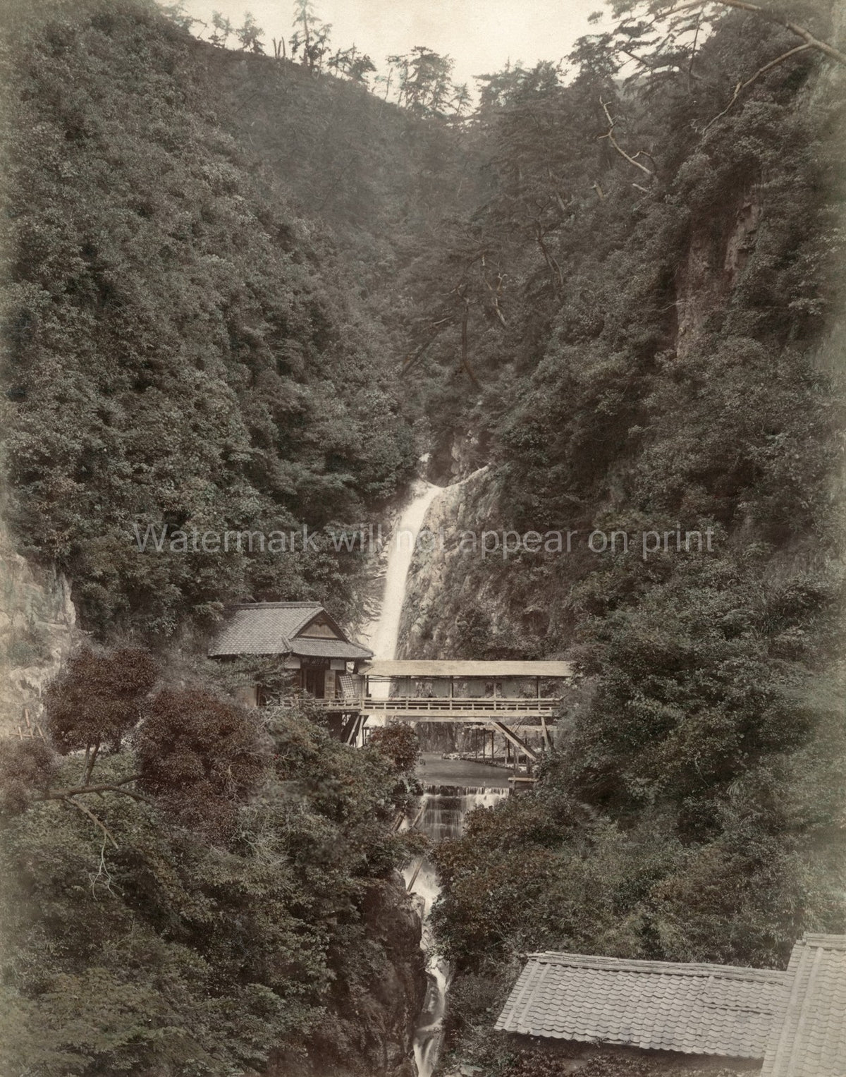 Metaki Waterfall Kove Japan Landscape Gorge Bridge Teahouse Vtg. Photo 19thC.