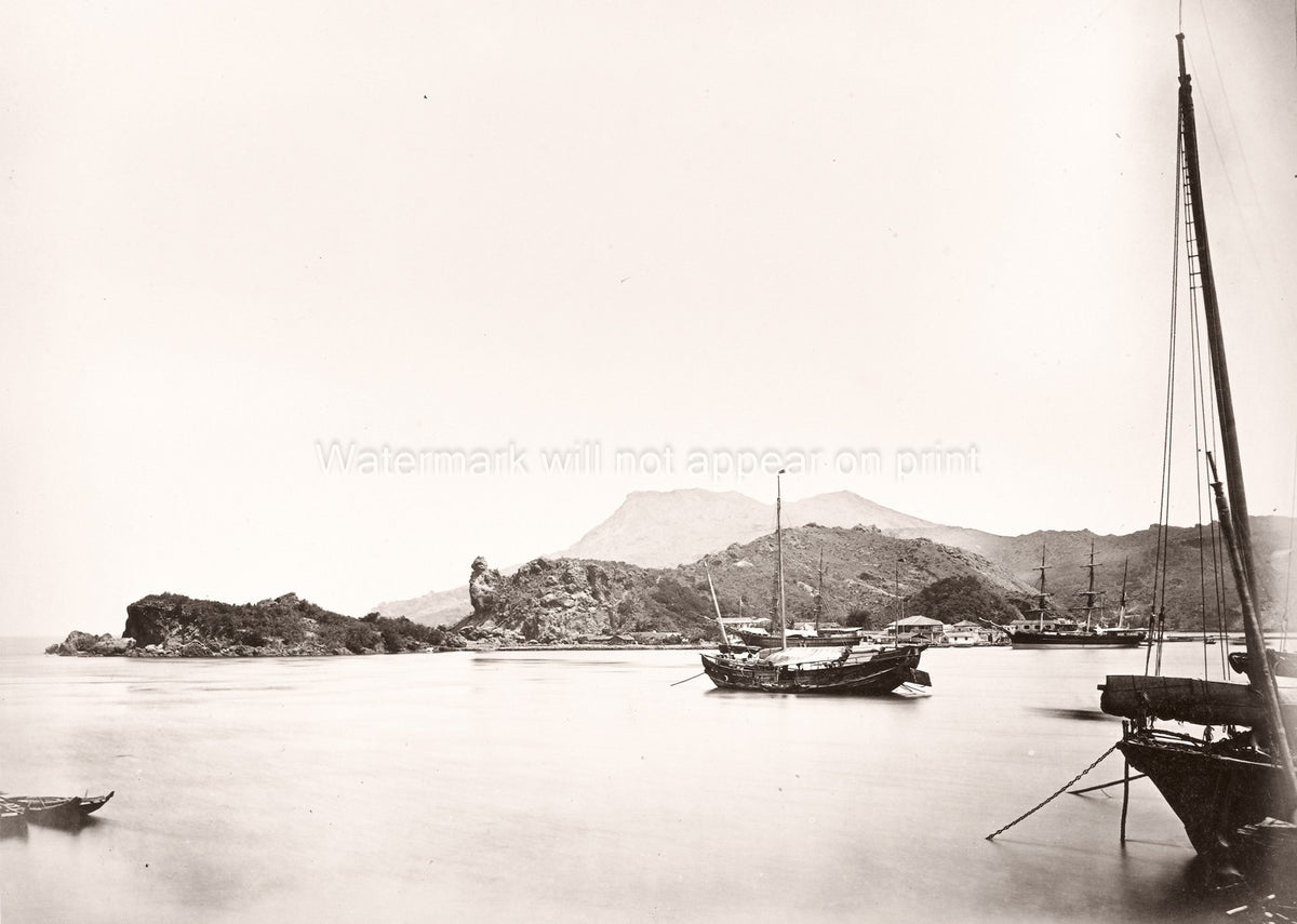 China Takoo Harbour Taku Dagu Ships Junks Seascape Mountains Vtg. Photo 19thC.