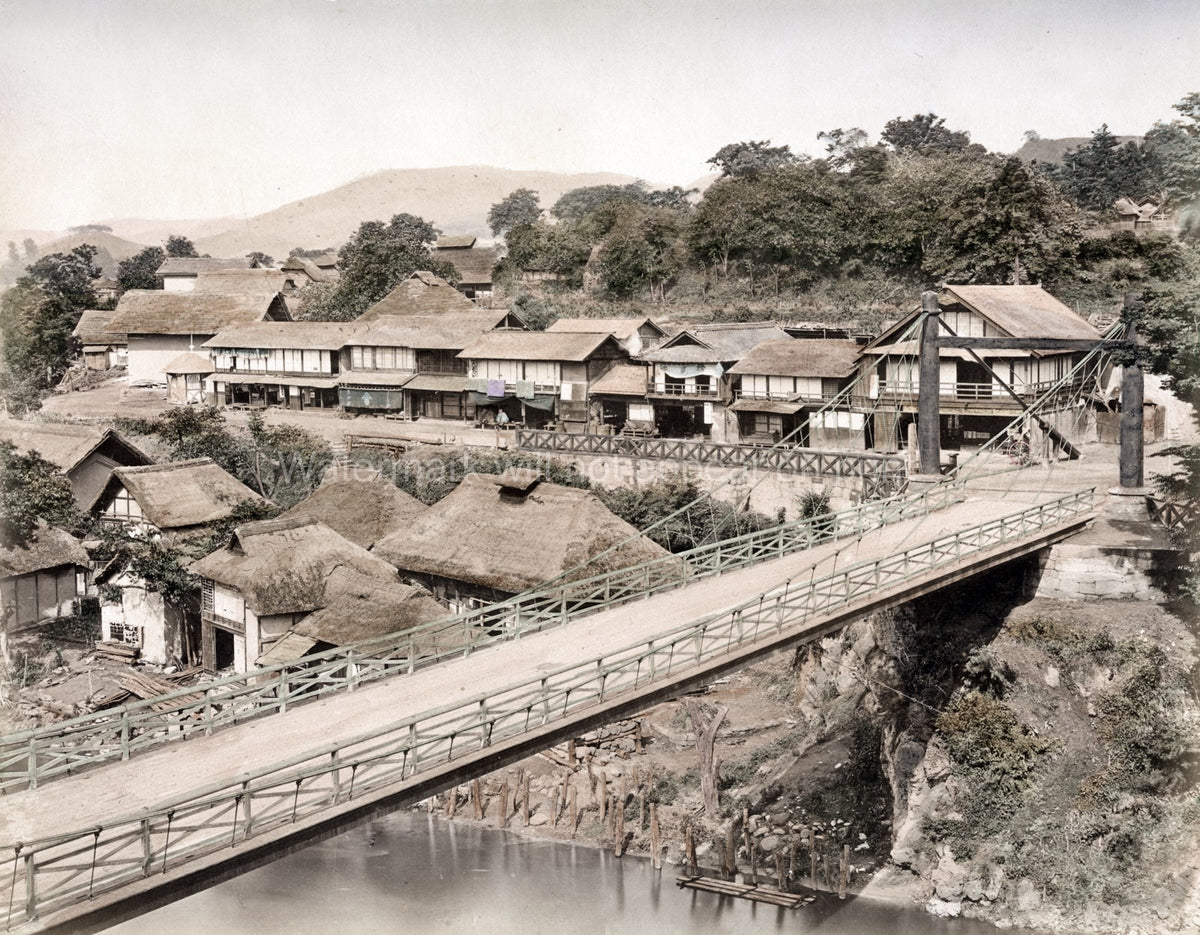 Japanese Village Suspension Bridge River Houses Vtg. Photo 19thC.