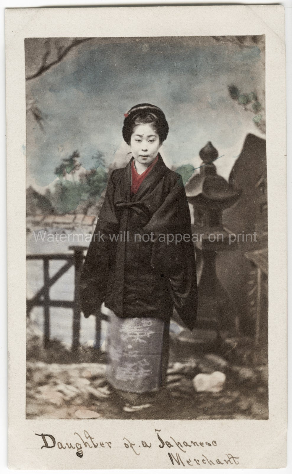 Daughter Japanese Merchant Kimono Haori Garden Lantern Vtg. Photo 19thC.