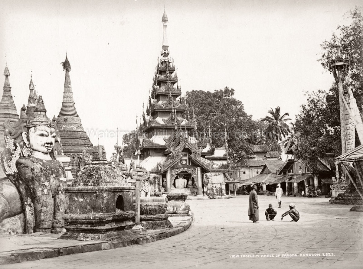 Rangoon Pagoda Temple Courtyard Monks Statues Burma Myanmar Vtg. Photo 19thC.