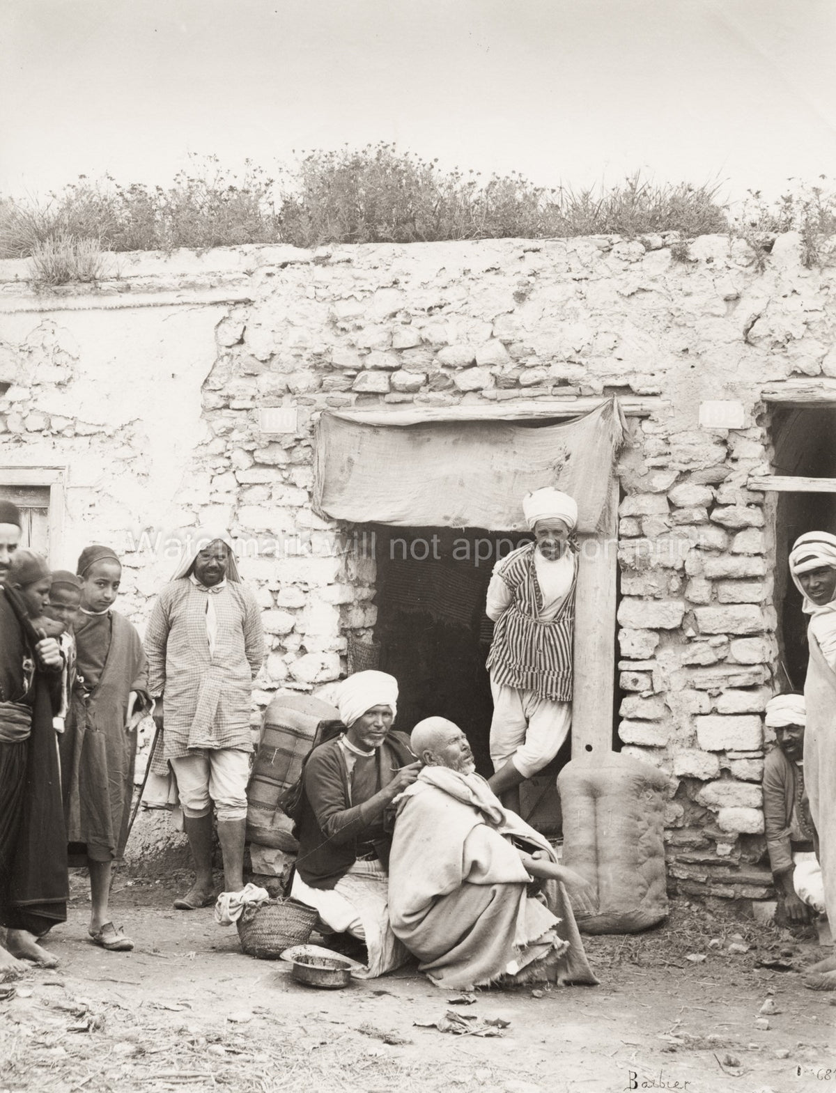Tunisia Algeria Street Barber Outdoor Shaving Crowd Turban Vtg. Photo 19thC.