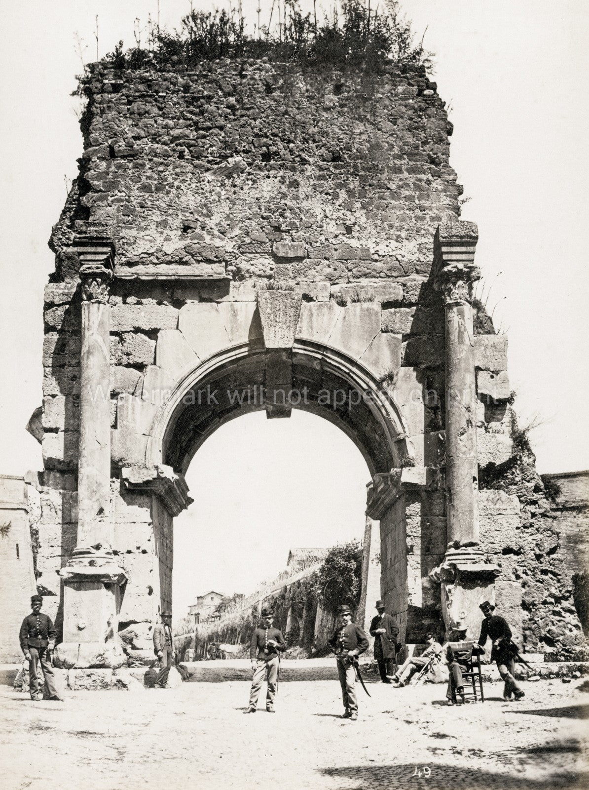 Ancient Roman Arch Ruins Rome Italy Soldiers Military Landmark Vtg. Photo 19thC.