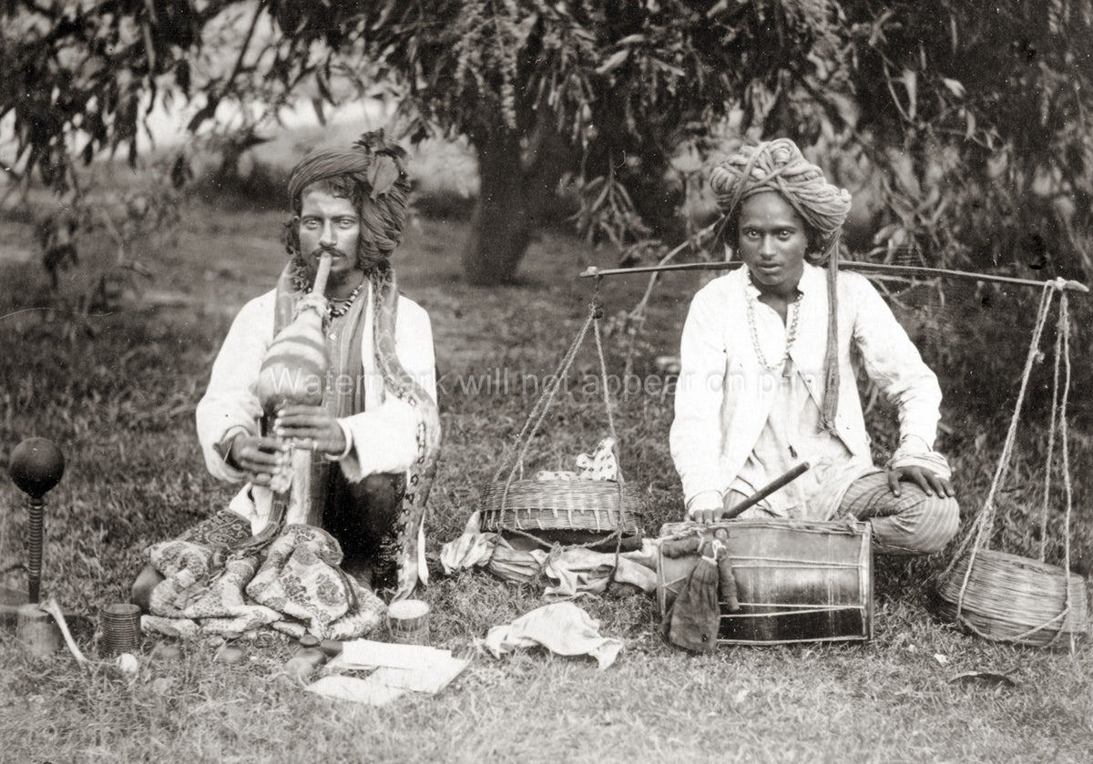India Musicians Snake Charmers Pungi Drum Performers Turban Vtg. Photo 19thC.